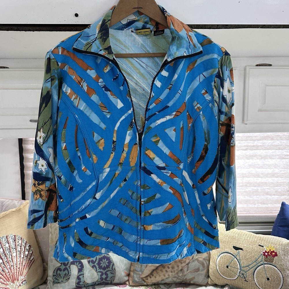 Vera Land Art Top Size M Shacket Applique Full Zip 3/4 Sleeve Womens Jacket Coat